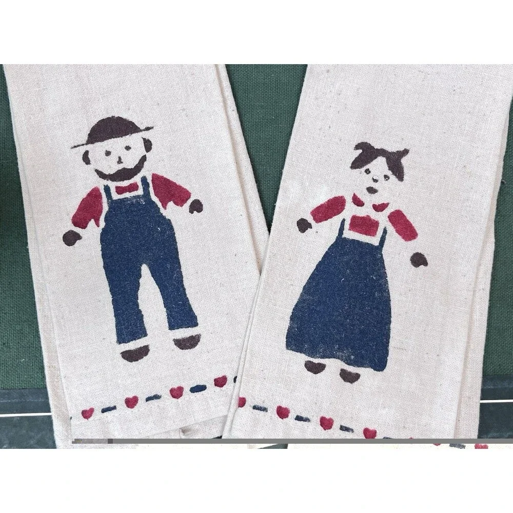 Vintage Farmhouse Hand Painted Amish Country Couple Hand Towels Cottage Charm